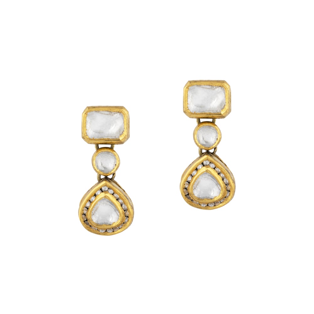 Geometric Polki Earrings with Square, Round & Teardrop Polki